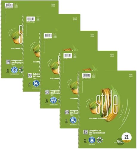 Staufen Green Collegeblock - DIN A4, Lineatur 21 (9mm liniert), 80 Blatt, 4-fach Lochung, premiumweißes 70g/m² Recyclingpapier, 5 Stück von Staufen