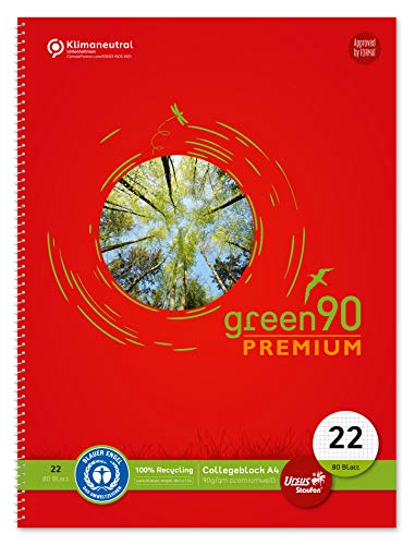 Staufen Green Collegeblock - DIN A4, Lineatur 22 (5 mm kariert), 80 Blatt, 4-fach Lochung, premiumweißes 90g/m² Recyclingpapier, 1 Stück von Staufen