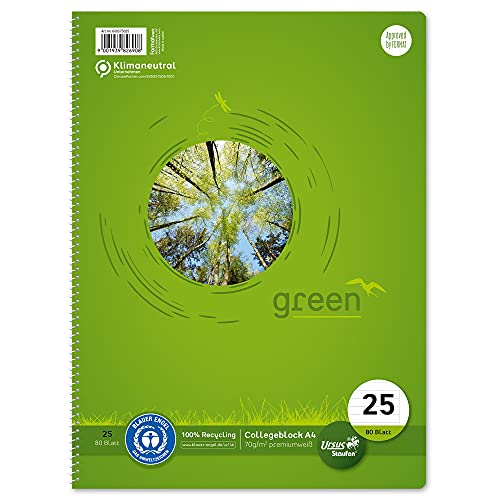 Staufen Green Collegeblock - DIN A4, Lineatur 25 (9mm liniert mit Rand), 80 Blatt, 4-fach Lochung, premiumweißes 70g/m² Recyclingpapier, 1 Stück von Staufen