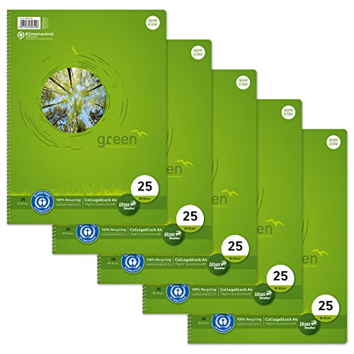 Staufen Green Collegeblock - DIN A4, Lineatur 25 (9mm liniert mit Rand), 80 Blatt, 4-fach Lochung, premiumweißes 70g/m² Recyclingpapier, 5 Stück von Staufen