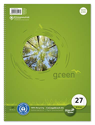 Staufen Green Collegeblock - DIN A4, Lineatur 27 (9mm liniert mit Randlinien), 80 Blatt, 4-fach Lochung, premiumweißes 70g/m² Recyclingpapier, 1 Stück von Staufen