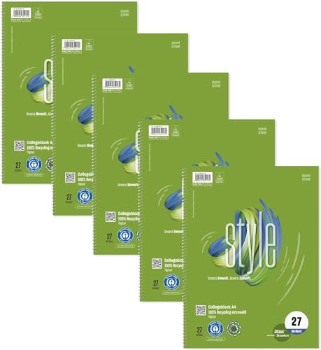 Staufen Green Collegeblock - DIN A4, Lineatur 27 (9mm liniert mit Randlinien), 80 Blatt, 4-fach Lochung, premiumweißes 70g/m² Recyclingpapier, 5 Stück von Staufen