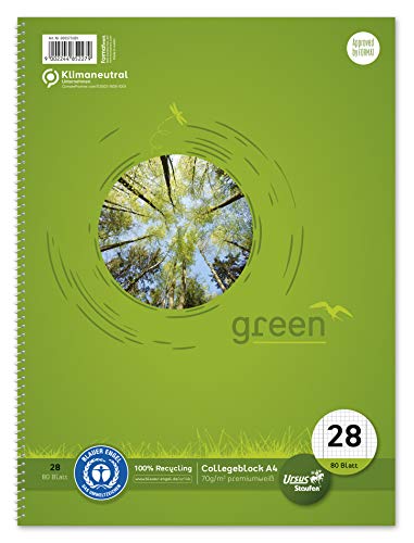 Staufen Green Collegeblock - DIN A4, Lineatur 28 (5mm kariert mit Randlinien), 80 Blatt, 4-fach Lochung, premiumweißes 70g/m² Recyclingpapier, 1 Stück von Staufen