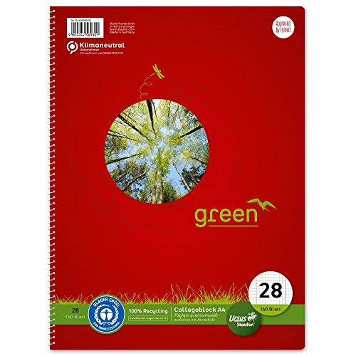 Staufen Green Collegeblock - DIN A4, Lineatur 28 (kariert mit Randlinien), 160 Blatt, 4-fach Lochung, premiumweißes 70g/m² Recyclingpapier, 1 Stück von Staufen