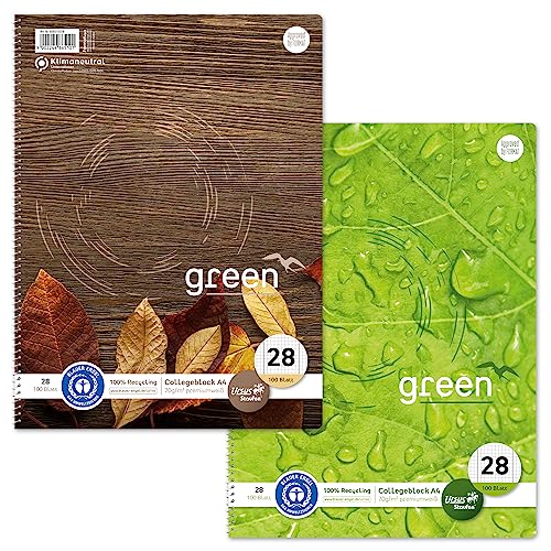 Staufen Green Collegeblock - DIN A4, Lineatur 28 (kariert mit Randlinien), 2 Blöcke je 100 Blatt, 4-fach Lochung, 70 g/m² Recyclingpapier von Staufen