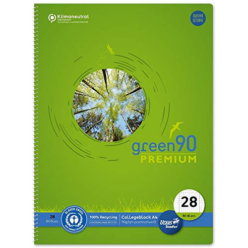 Staufen Green Collegeblock - DIN A4, Lineatur 28 (kariert mit Randlinien), 80 Blatt, 4-fach Lochung, premiumweißes 90g/m² Recyclingpapier, 1 Stück von Staufen