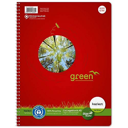Staufen Green Collegeblock - DIN A5, 5mm kariert, 160 Blatt, 4-fach Lochung, premiumweißes 70g/m² Recyclingpapier, 1 Stück von Staufen