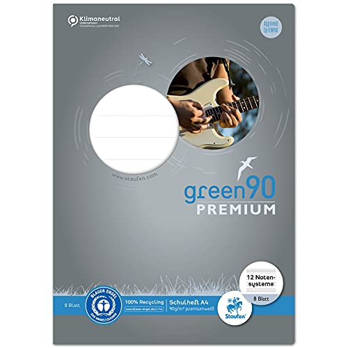 Staufen Green Notenheft - DIN A4, 12 Notensystem, 8 Blatt, premiumweißes 90g/m² Recyclingpapier, runde Ecken verhindern „Eselsohren“, 1 Stück von Staufen