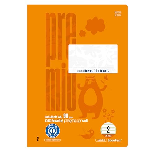 Staufen premio Schreiblernheft - 4 Hefte je 16 Blatt, DIN A4, Lineatur 2 (4/4/4mm liniert, farbig hinterlegte Lineatur), 90 g/m² Recyclingpapier, runde Ecken verhindern „Eselsohren“ von Staufen