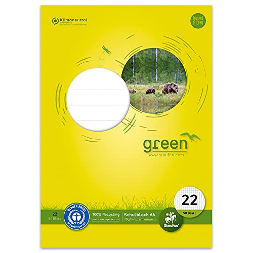 Staufen Green Schulblock - DIN A4, Lineatur 22 (5mm kariert), 50 Blatt, 4-fach Lochung, premiumweißes 70g/m² Recyclingpapier, 1 Stück von Staufen