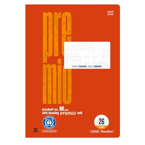 Staufen premio Schulheft - 4 Hefte je 16 Blatt, DIN A4, Lineatur 26 (kariert mit Rand), 90 g/m² Recyclingpapier, runde Ecken verhindern „Eselsohren“ von Staufen