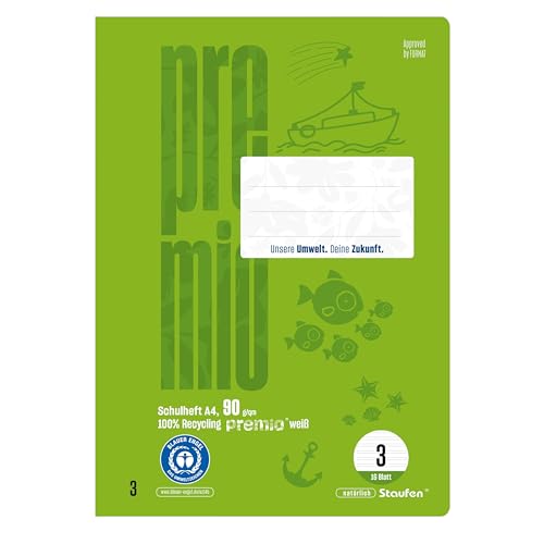 Staufen premio Schulheft - 4 Hefte je 16 Blatt, DIN A4, Lineatur 3 (14 Doppellinien), 90 g/m² Recyclingpapier, runde Ecken verhindern „Eselsohren“ von Staufen