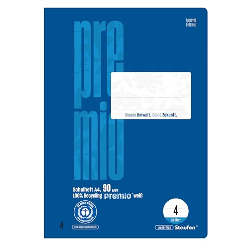 Staufen premio Schulheft - 4 Hefte je 16 Blatt, DIN A4, Lineatur 4 (9mm liniert), 90 g/m² Recyclingpapier, runde Ecken verhindern „Eselsohren“ von Staufen