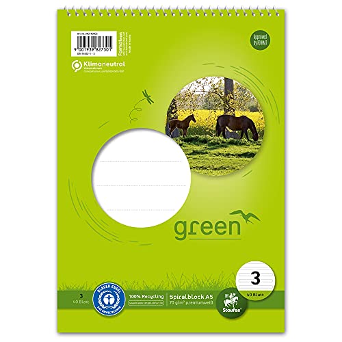 Staufen Green Spiralblock - DIN A5, Lineatur 3 (14 Doppellinien, farbig hinterlegt), 40 Blatt, premiumweißes 70g/m² Recyclingpapier, 1 Stück von Staufen