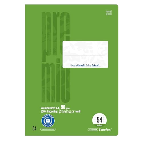 Staufen Green Vokabelheft - DIN A4, Lineatur 54 (Vokabelheft mit 2 Trennlinien), 2 Hefte je 40 Blatt, 90 g/m² Recyclingpapier, runde Ecken verhindern „Eselsohren“ von Staufen