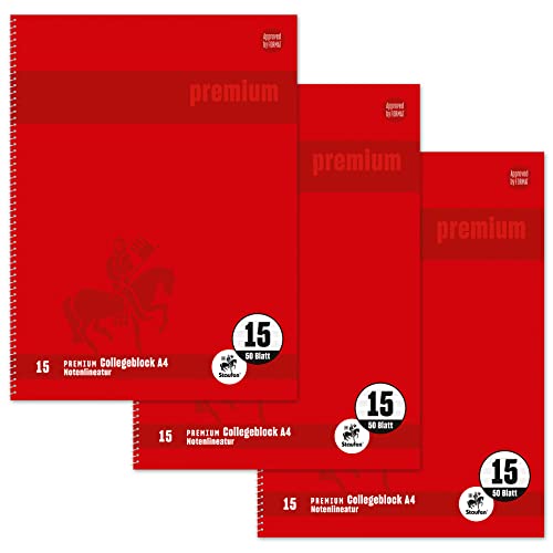 Staufen Premium Collegeblock - DIN A4, Lineatur 15 (Notenlineatur), 50 Blatt, 4-fach Lochung, 90g/m² Premium Papier, 3 Stück von Staufen