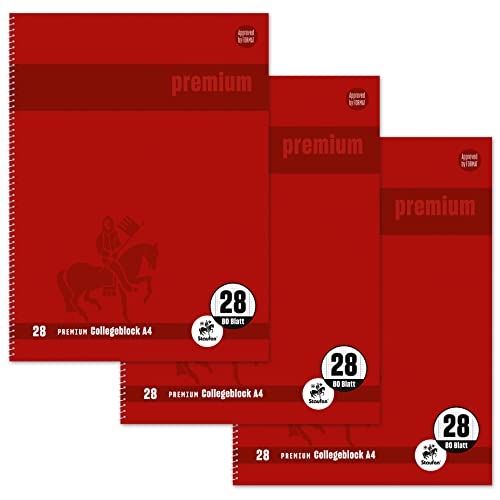 Staufen Premium Collegeblock - DIN A4, Lineatur 28 (5mm kariert mit Randlinien), 80 Blatt, 4-fach Lochung, 90g/m² Premium Papier, 3 Stück von Staufen