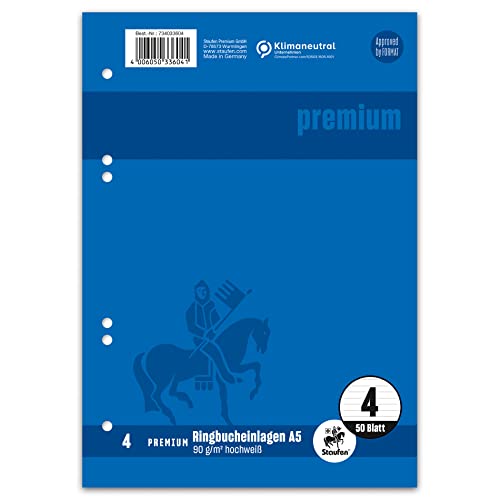 Staufen Premium Ringbucheinlagen - DIN A5, Lineatur 4 (9mm liniert), 50 Blatt, 6-fach Lochung, 90g/m² Premium Papier, 1 Stück von Staufen