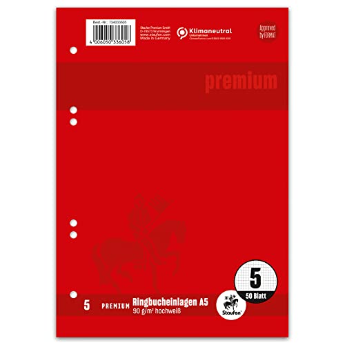 Staufen Premium Ringbucheinlagen - DIN A5, Lineatur 5 (5mm kariert), 50 Blatt, 6-fach Lochung, 90g/m² Premium Papier, 1 Stück von Staufen