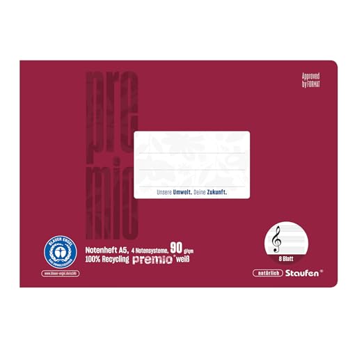 Staufen premio Notenheft - 5 Musikhefte je 8 Blatt, Lin N, DIN A5 quer, 90 g/m², 4 Notensysteme von Staufen