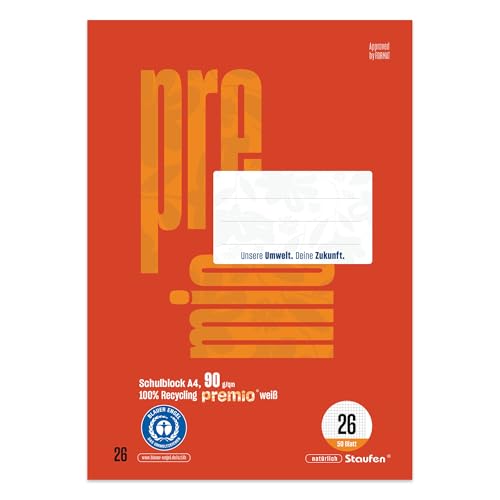 Staufen premio Schulblock - 5 Hefte je 50 Blatt, DIN A4, Lineatur 26 (5 mm kariert mit Rand), 4-fach Lochung, 90 g/m² Recyclingpapier von Staufen