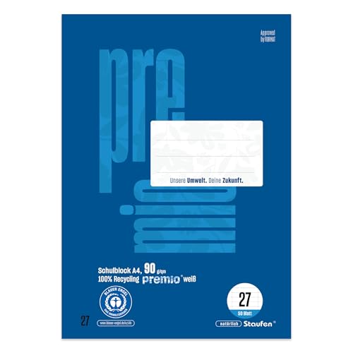 Staufen premio Schulblock - 5 Hefte je 50 Blatt, DIN A4, Lineatur 27 (9 mm liniert), 4-fach Lochung, 90 g/m² Recyclingpapier von Staufen