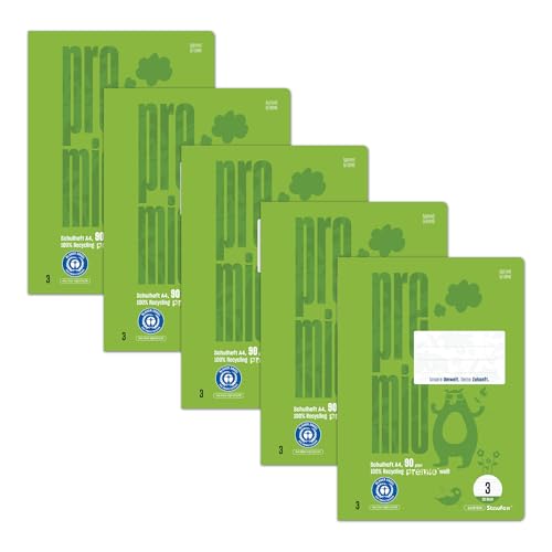 Staufen premio Schulheft - 5 Hefte je 32 Blatt, DIN A4, Lineatur 3 (21 Doppellinien), 90 g/m² Recyclingpapier von Staufen