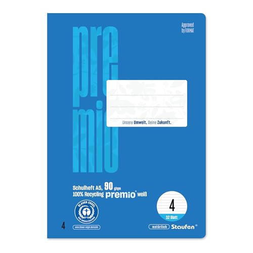 Staufen premio Schulheft - 5 Hefte je 32 Blatt, DIN A5, Lineatur 4 (10 mm liniert), 90 g/m² Recyclingpapier von Staufen