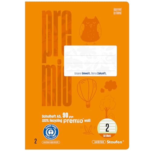 Staufen premio Schulhefte - 5 Hefte je 32 Blatt, Lineatur 2, DIN A5, 90 g/m², liniert 4/4/4 mm von Staufen