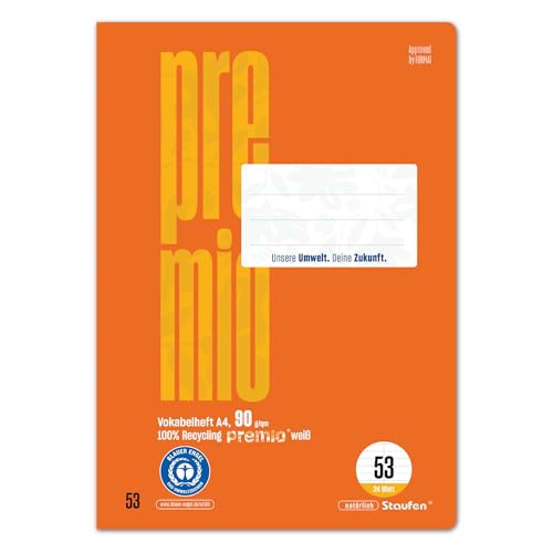 Staufen premio Vokabelheft - 5 Hefte je 24 Blatt, DIN A4, Lineatur 53 (mit Mittellinie), 90 g/m² Recyclingpapier von Staufen