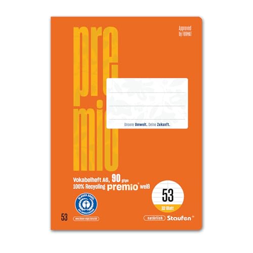 Staufen premio Vokabelheft - 5 Hefte je 32 Blatt, DIN A6, Lineatur 53 (mit Mittellinie), 90 g/m² Recyclingpapier von Staufen