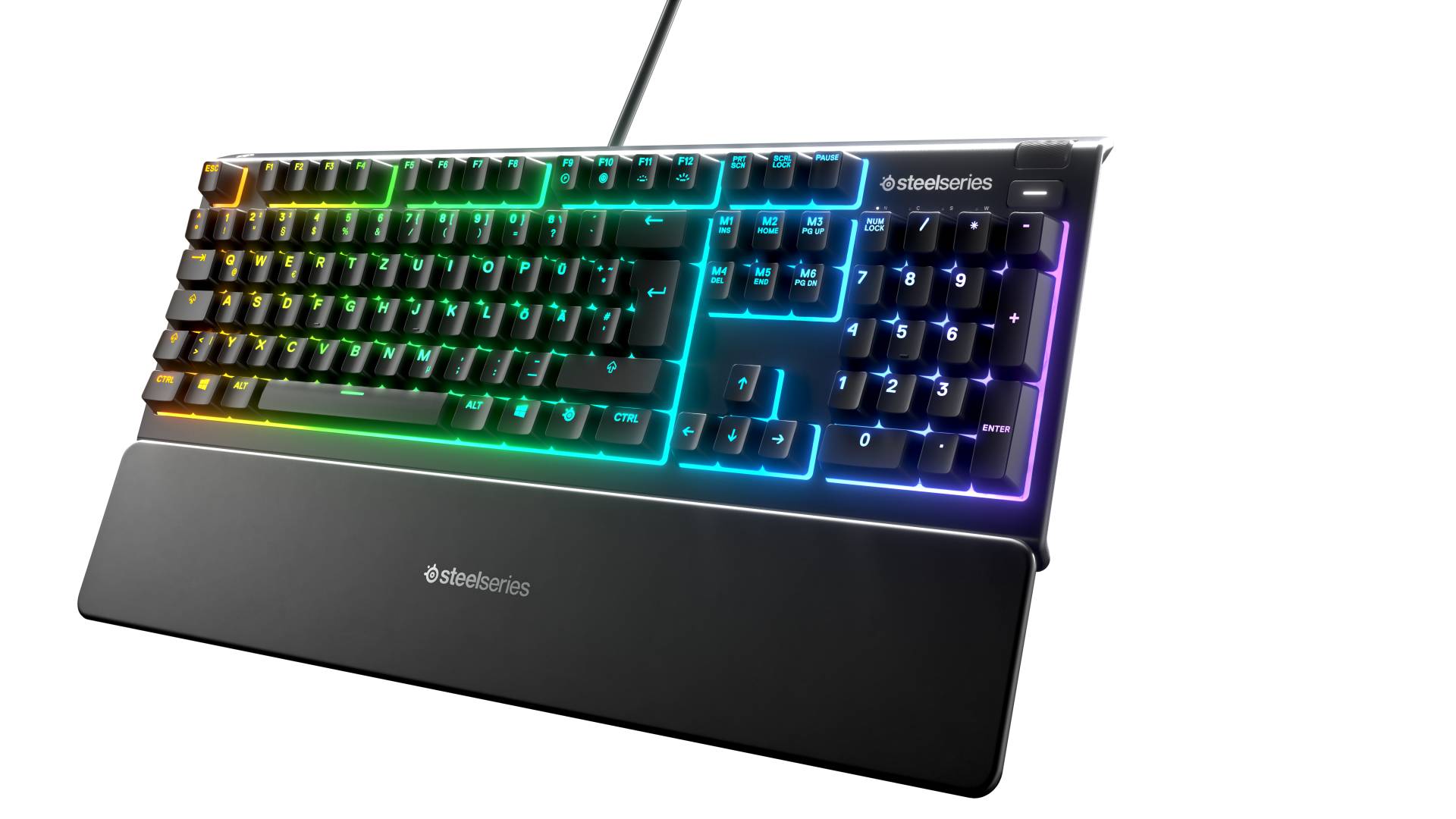 SteelSeries Apex 3 Gaming Tastatur, kabelgebunden, 10-Zonen RGB-Beleuchtung, IP32 wassergeschützt, Premium magnetische Handballe von SteelSeries