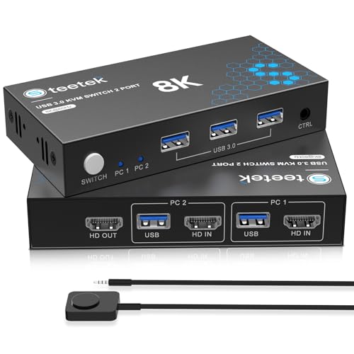 8K@60Hz HDMI KVM Switch 2 PC 1 Monitore, KVM Switch mit 3 USB 3.0 Hub für 2 Computer teilen sich 1 Tastatur, Satz Maus, U-Disk und Drucker, mit 4K@60Hz kompatibel sind, Adaptives EDID, Plug-and-Play von Steetek