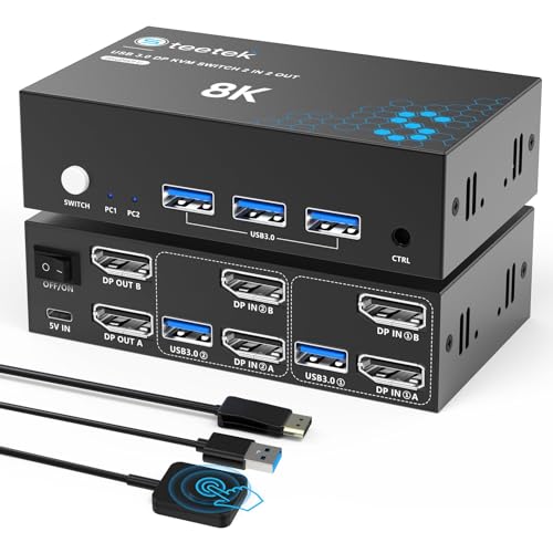 8K Displayport KVM Switch 2 PC 2 Monitore mit EDID 4K@144Hz USB 3.0 KVM Switches Dual Monitor DP1.4 für 2 PC/Laptops Teilen Sie 3 USB 3.0 Ports mit Desktop-Controller und 2 USB3.0 Kabel Plug and Play von Steetek