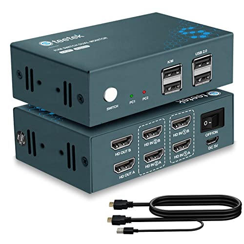 HDMI KVM Switch 2 Monitore, Steetek USB2.0 4K@30Hz 2 PC 2 Monitor Switch, HDMI1.4, HDCP1.4, KVM Switch 2 PC 2 Monitore mit Kombi-Kabel, Button Switch und Hotkey Switch von Steetek