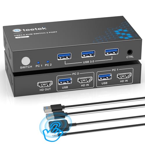 HDMI KVM Switch 2 PC 1 Monitor, 4K@60Hz | KVM-Switch zum Teilen von Tastatur/Maus/Drucker über USB 3.0-Hub, Desktop-Controller & EDID-Emulation – Ideal für Gaming/Büro/Home-Kino von Steetek