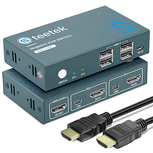 KVM Switch HDMI 2 Port, 4K@60Hz, USB2.0, 2 PC 1 Monitor Switch, HDCP2.2, HDMI2.0, Button Switch,Ultra HD,Compatible with PC,PS4,DVD, Xbox HDTV,2 In 1 Out von Steetek