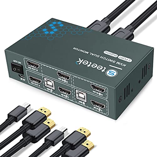 Steetek KVM Switch 2 Monitore 2 Port 4K@60Hz, USB2.0, KVM Switch HDMI unterstützung Button Switch, 2 PC 2 Monitor Switch HDCP2.2, HDMI 2.0, KVM Switch 2 PC 2 Monitore mit 4 HDMI2.0 und 2 USB Kabel von Steetek