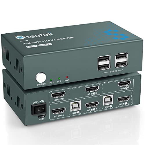 Steetek KVM Switch 2 Monitore 4K@60Hz, USB2.0, KVM Switch HDMI unterstützung Button Switch, 2 PC 2 Monitor Switch mit 4 HDMI2.0 und 2 USB Kabel, KVM-Switches HDCP2.2, HDMI 2.0 von Steetek