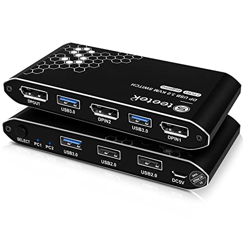 Steetek KVM Switch DisplayPort USB3.0, 4K60Hz, DP1.2, Displayport Switch, DP KVM 2 PC 1 Monitor Switch, Knopfschalter, mit USB3.0-Kabel und DP-Kabel von Steetek