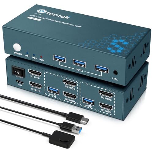 Steetek KVM Switch 2 Monitore 4K@60Hz, USB2.0, KVM Switch 2 PC 2 Monitore HDCP2.2 HDMI 2.0, 2 PC 2 Monitor Switch mit 4 HDMI2.0 und 2 USB Kabel, KVM Switch HDMI Button Switch von Steetek