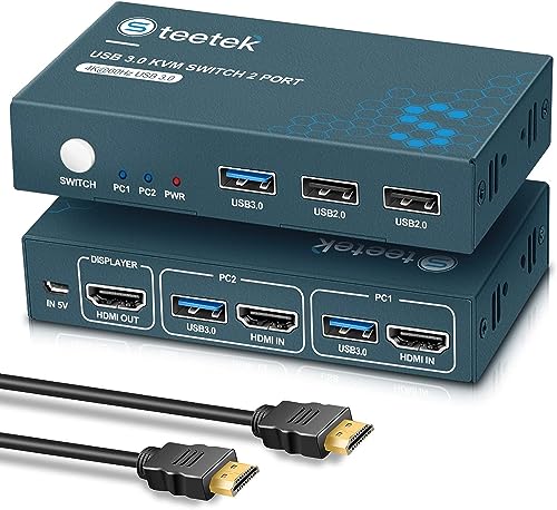 USB3.0 KVM Switch HDMI 2 Port, Steetek 4K@60Hz 2 PC 1 Monitor Switch, HDCP2.2 HDMI2.0 mit Button Switch, Ultra HD 2 In 1 Out KVM Switch mit 2 HDMI-Kabel und 2 USB3.0-Kabel von Steetek