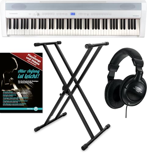 Steinmayer P-60 WM Stagepiano Stage Set (88 Tasten, Hammermechanik, Anschlagdynamik, 128-fach polyphon, 14 Sounds, inkl. X-Keyboardständer, Kopfhörer, Notenhalter, Netzteil & Noten) Weiß von Steinmayer