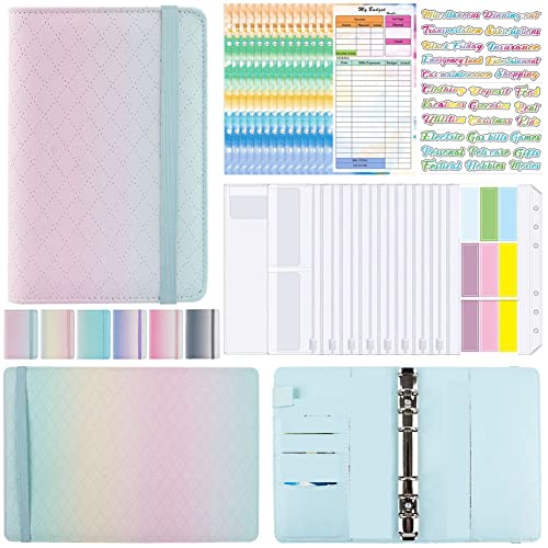 Steowsey A6 Gradient Macaron Binder Handbuch Notizbuch Leder PU Loseblattbuch Kassenbuch mit ReißVerschlusstasche, GrüN Rosa von Steowsey