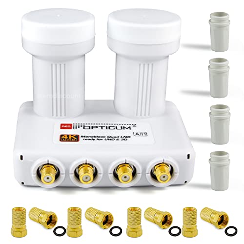 Opticum Monoblock Quad LNB LMQP für 4 Teilnehmer, 2 Satelliten Astra 19.2 + Hotbird 13 Empfang - digital Doppel Sat LMB Kopf Mono-Block 0.1dB Full HD, 4K, 8K, UHD + 8 F-Stecker gratis Sterndiscount von Sterndiscount