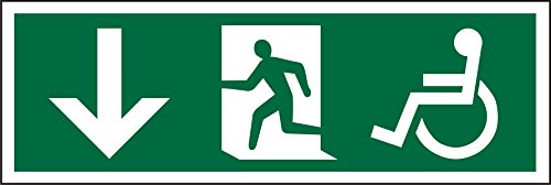 Seco DDA Fire Exit – Pfeil zeigt nach unten, Mann läuft links, Rollstuhl Piktogramm, 450 mm x 150 mm – selbstklebendes Vinyl von Stewart Superior