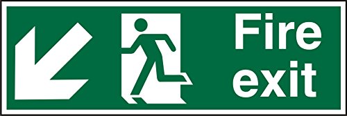 Seco Schild mit Aufschrift "Fire Exit", Pfeil nach unten und links, Mann läuft links, Feuerausgang, 450 mm x 150 mm, selbstklebendes Vinyl von Stewart Superior