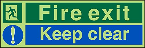 Seco Schild mit Aufschrift "Fire Exit - Man Running Left, Fire Exit, Exclamation Mark, Keep Clear", 450 mm x 150 mm, nachleuchtendes selbstklebendes Vinyl von Stewart Superior