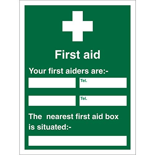 Seco Schild mit Aufschrift "First Aid - Your First Aiders Are/The Nearest First Aid Box Is situation", 450 mm x 600 mm, 1 mm halbstarrer Kunststoff von Stewart Superior