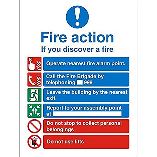 Seco Warnschild "Fire Action – If You Discover A Fire With Do Not Use Lifts", 150 mm x 200 mm, 1 mm halbstarrer Kunststoff von Stewart Superior